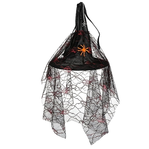 Halloween Spider Web Veil Witch Hat Women Black Tulle Wizard Hat Orange Spider Decor Cosplay Costume Headwear