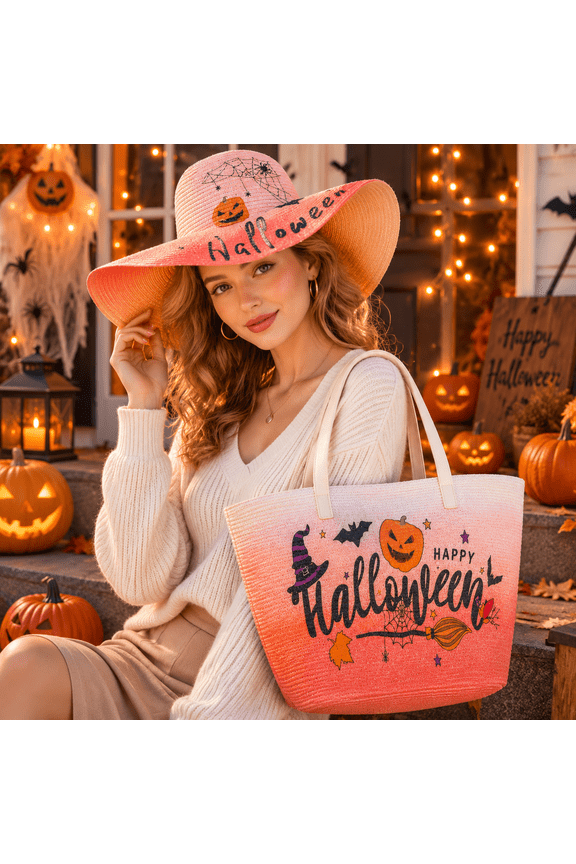 Halloween Spider Web Wide Brim Straw Hat & Matching Woven Tote Bag Set, Seasonal Costume Accessory Kit for Pumpkin Patch Party Beach Travel
