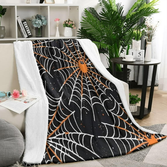 Halloween Spider Webs with Orange Spiders Blanket,Comfortable Soft Lamb Wool Throw Blanket,All Season,Warm Lightweight Blankets for Sofa Bed Couch Living Room Chair,50"x60"