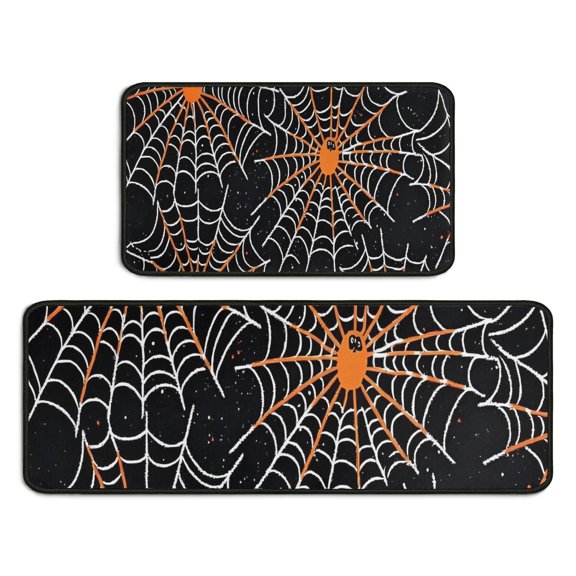 Halloween Spider Webs with Orange Spiders Kitchen Rugs Sets Of 2,Anti Fatigue Kitchen Mat Rugs Non Slip Washable,Decorative Kitchen Floor Mats for Kitchen,Sink,Laundry,17"X30"+17"X47"