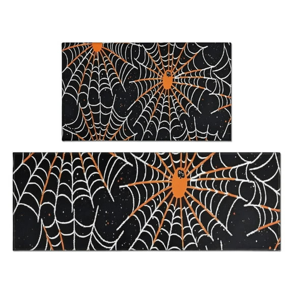 Halloween Spider Webs with Orange Spiders Kitchen Rugs Sets Of 2,Anti Fatigue Kitchen Mat Rugs Non Slip Washable,Decorative Kitchen Floor Mats for Kitchen,Sink,Laundry,17"x30"+17"x47"
