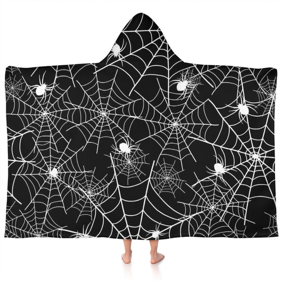Halloween Spider Webs with Spiders Hooded Bath Towel,60"x35" for Ages 3 To 12 Kids, Quick Dry Lightweight Soft Microfiber Hood Beach Towel Cover Up for Kids