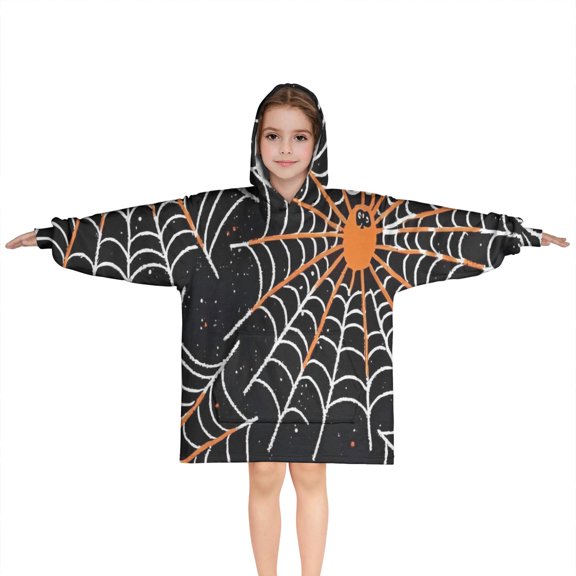 Halloween Spider Webs with Orange Spiders Blanket Hoodies for Kids 6-13YR Oversize Wearable Blanket Hoodies for Boys Girls Teens