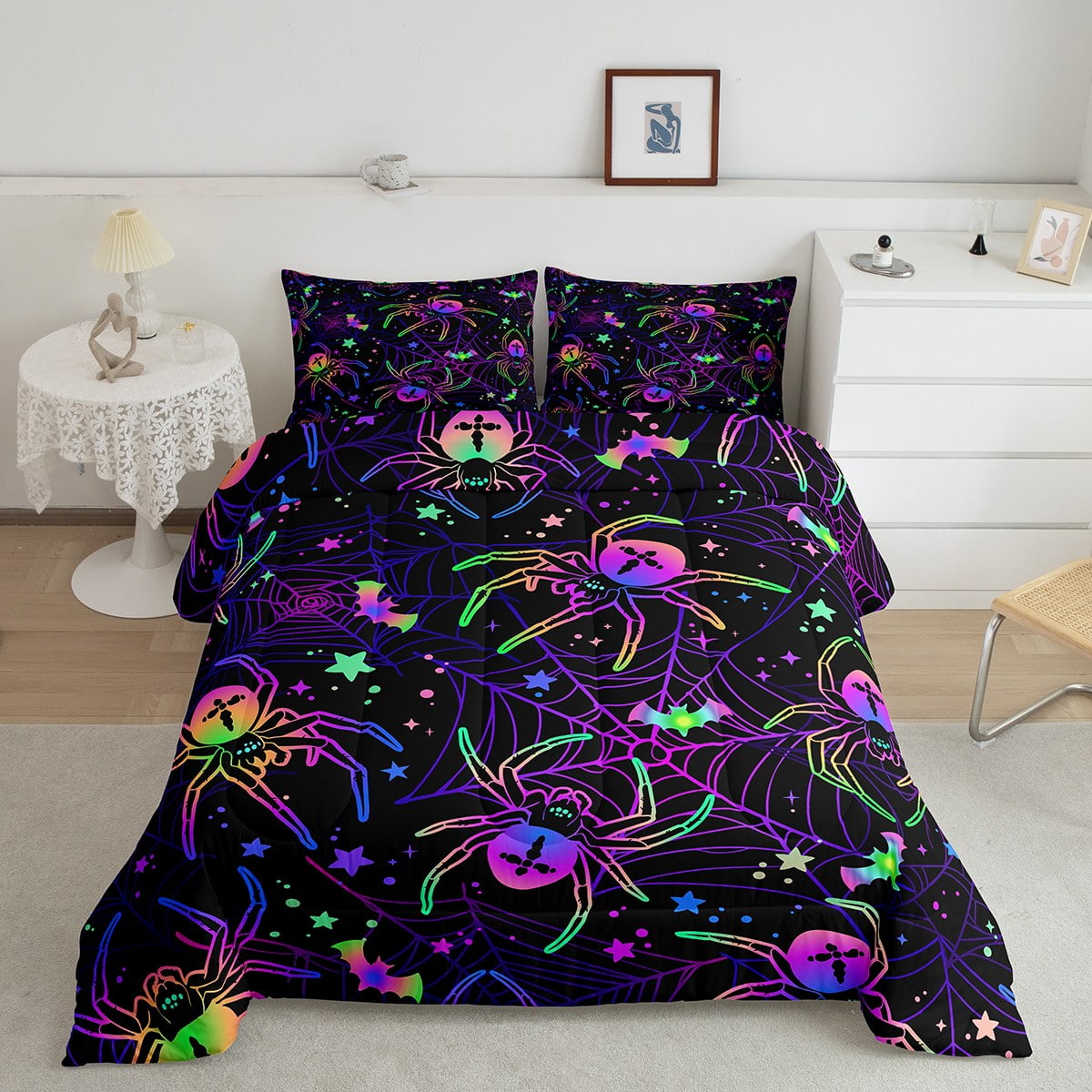 Halloween Spiders Bedding Comforter Sets Twin Size,Glitter Stars Galaxy