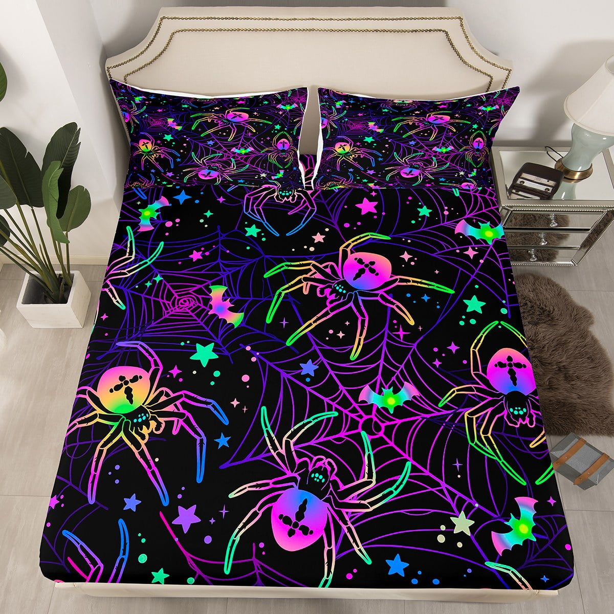 Halloween Spiders Fitted Sheet Full Size,Glitter Stars Galaxy Bedding ...