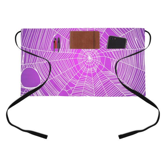 Halloween Spiders Kitchen Restaurant Half Waist Apron, Spiders Web Purple Vintage Decoration Server Short Apron with 3 Pockets Waterproof Oil Waist Aprons for Women Waitress Waiter