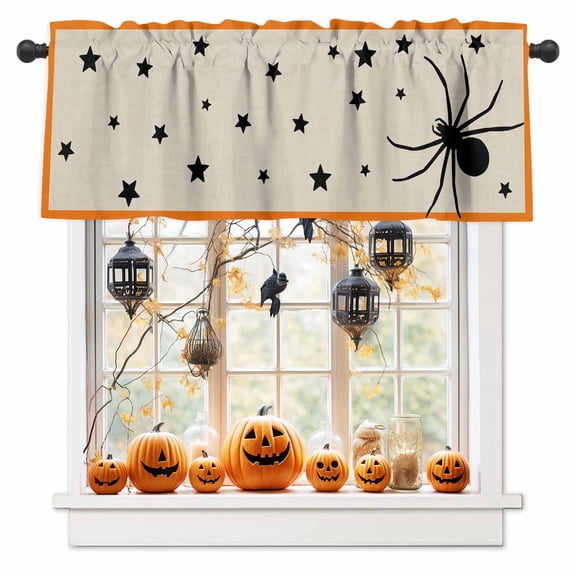 Halloween Spiders- Stars Black Shadow Curtain Valances for Kitchen Windows,Short Valance Orange Border Cartoon Animal Small Window Treatment for Living Room Bathroom Bedroom,54" x 18"-1 Panel