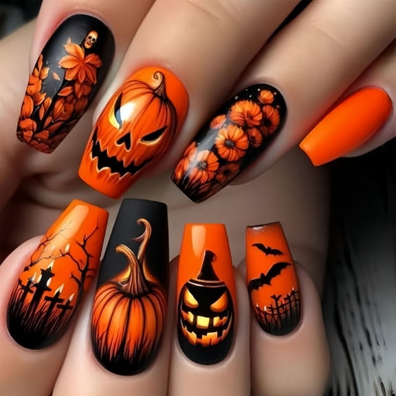 Halloween Spiders Web Pumpkin Nails Art M Square False Nails Comfortable ABS Matte Finish Easy To Apply For Parties
