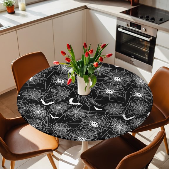 Halloween Spiders Webs Bat Round Fitted Tablecloth with Elastic Edge,Waterproof Table Cloth Fits Tables Up to 36"-44",Wipeable Washable Table Cover for Indoor Outdoor Dinning Party,Black White