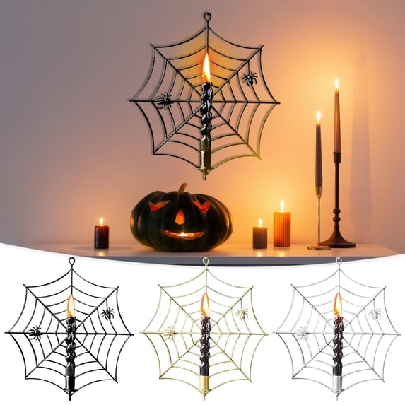 Halloween Spiderweb Candle Holder Ornament, Gothic Hanging Candlestick Accent for Tabletop, Mantel, Wall, Porch, Party Display and Spooky Seasonal Home Decor, Silver