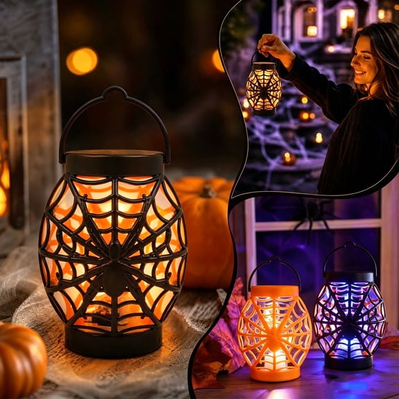Halloween Spiderweb Cutout Handheld Lantern, Flameless Safe Diffused LED Lighting Lamp, Built-In Hanging Loop Easy Mount Ornament for Entryway Apartment Window Halloween Event Venue Decoration