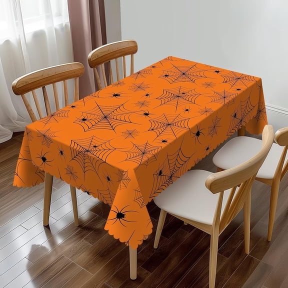 Halloween Spiderweb Rectangle Tablecloth Spider Web Orange Cobweb and Spiders Table Cloth Dining Table Cover for Home Kitchen Restaurant Party Buffet Picnic 60 x 84 Inch