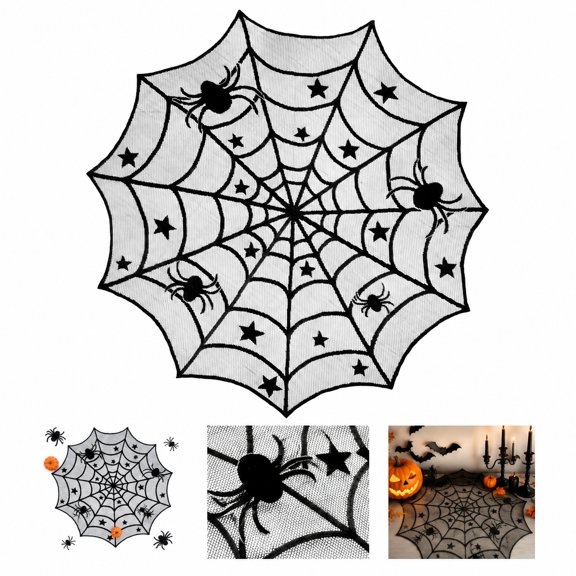Halloween Spiderweb Table Topper, 40 Inch Black Lace Round Tablecloth with Spiders and Stars for Party and Home Decor