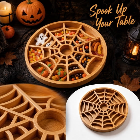 Halloween Spiderweb Wooden Sectional Candy Serving Tray, Fall Harvest Divided Serving Platter, Snack Fruit Cheese Meat Plate for Thanksgiving & Holiday Party Decor