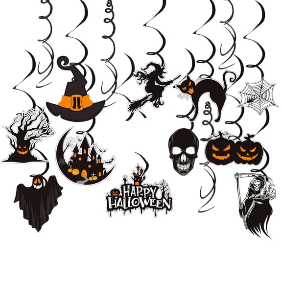 Halloween Spiral Hanging Decorations Set with Witch Hat Skull Pumpkin Haunted House Spider Web and Ghost Designs for Party Ceiling Wall Window Doorway Indoor Outdoor Use