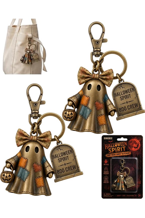 Halloween Spirit Boo Crew Ghost Keychain | Patchwork Ghost Keychain Vintage Charm Key Ring Spooky Bag Charm Boo Basket Stuffers Women Gift Party Favor Pumpkin Bucket