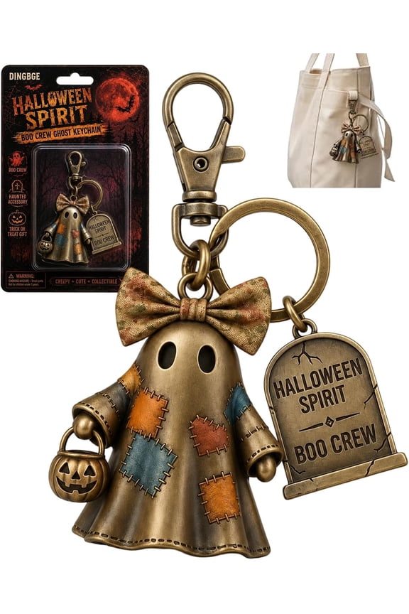 Halloween Spirit Boo Crew Ghost Keychain | Patchwork Ghost Keychain Vintage Charm Key Ring Spooky Bag Charm Boo Basket Stuffers Women Gift Party Favor Pumpkin Bucket