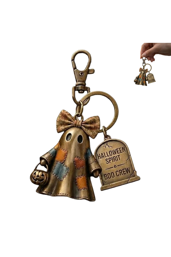 Halloween Spirit Boo Crew Ghost Keychain, Vintage Patchwork Ghost Charm Key Ring with Pumpkin Bucket and Pendant, for Backpack Purse Handbag Keys, Gift for Friends