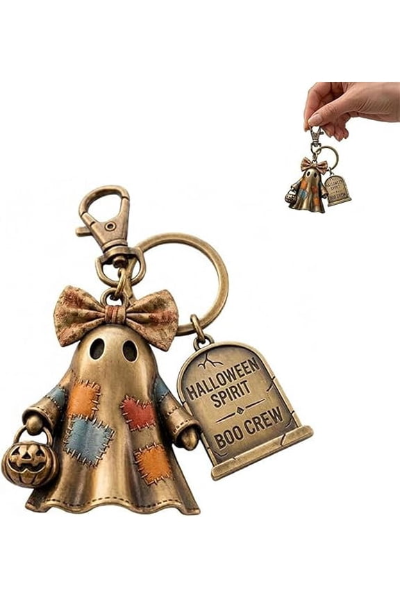 Halloween Spirit Boo Crew Ghost Keychain, Vintage Patchwork Ghost Key Chain, Gifts for Family & Halloween Enthusiasts