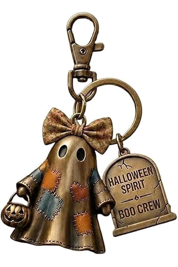 Halloween Spirit Boo Crew Ghost Keychain, Vintage Patchwork Ghost Key Chain with Pumpkin Bucket & Tombstone Charm, Antique Bronze Alloy Key Ring for Halloween Gift Party Favor