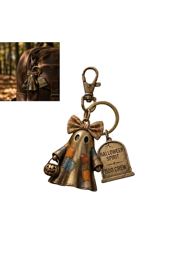 Halloween Spirit Boo Crew Ghost Keychain, Vintage Patchwork Ghost Key Chain, Spooky Boo Key Ring, Halloween Cute Keychains for Keys Backpack Purse Handbags