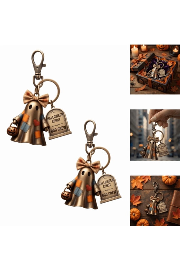 Halloween Spirit Crew Ghost Keychain, Halloween Spooky Boo Key Ring with Bow & Tombstone, Wallet Car Keys Accessory Gift, Halloween Decorations (2PC)