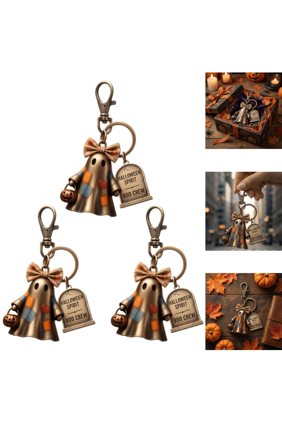 Halloween Spirit Crew Ghost Keychain, Halloween Spooky Boo Key Ring with Bow & Tombstone, Wallet Car Keys Accessory Gift, Halloween Decorations (3PC)