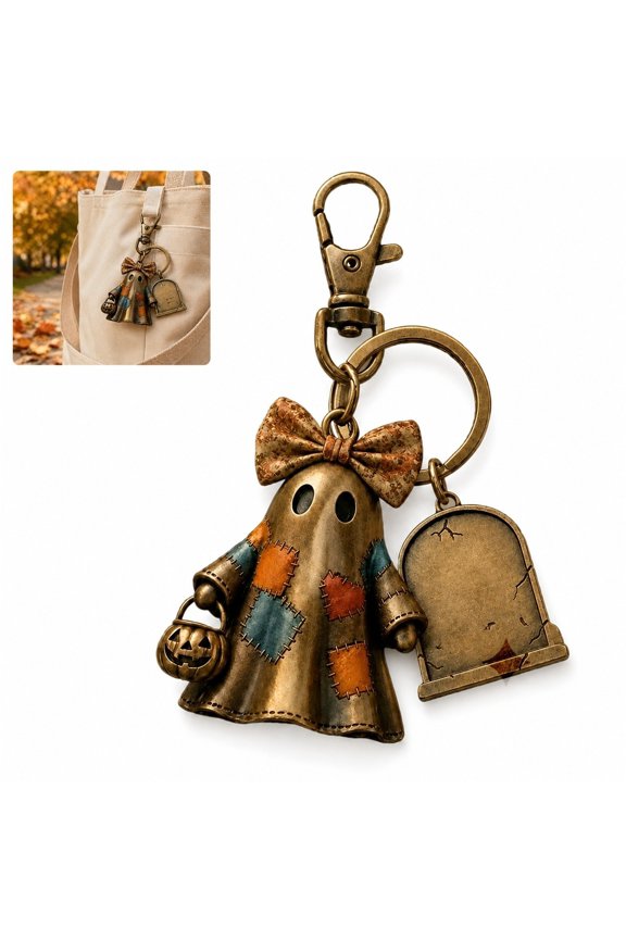 Halloween Spirit Ghost Keychain, Vintage Patchwork Ghost Key Chain, Spooky Key Ring