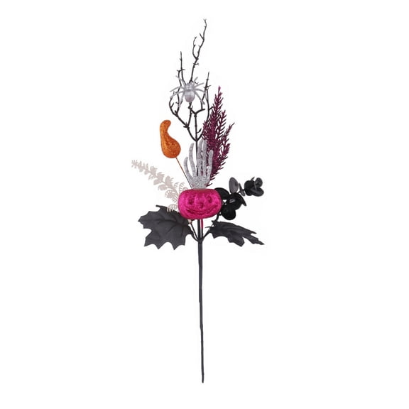 Halloween Spooky Artificial Pumpkin Twig Stem, Sparkly Pumpkin Branch Pick with Mini Gourd & Black Maple Leaves, Haunted House Vase Arrangement