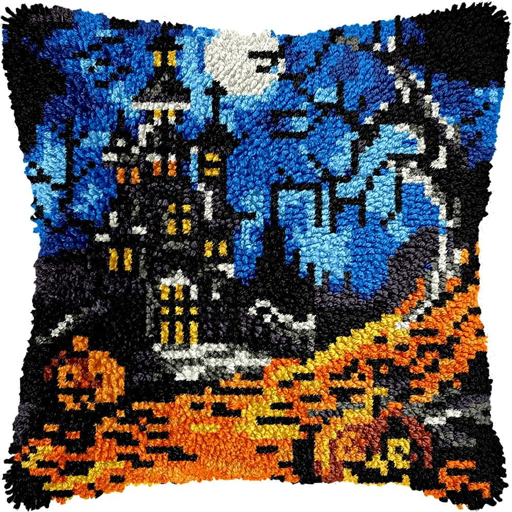 Halloween Spooky Castle Latch Hook Kits Pillow DIY Pillowcase Crochet Hook Cushion Making Kits with Preprinted Pattern Canvas Instruction Yarns Pillow Cover Easy Starter DIY Crochet Kits 43x43cm（L17)
