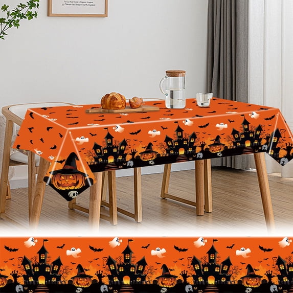 Halloween Spooky Castle Pattern Tablecloth, 54x108 Inch Disposable Plastic Table Cover Decorations for Rectangle, Pumpkin Ghost Castle Table Cloth for Home Indoor Outdoor Party Supplies (Orange)