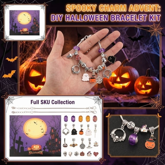 Halloween Spooky Charm Advent Calendar Blind Box, DIY Halloween Bracelet Making Kit with Ghost Pumpkin Skull Bat Charms Countdown Jewelry Gift Set for Girls Teens