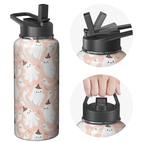 Halloween Spooky Creepy Skull 32oz Water Bottle with Flip Straw Lid Pumpkin Ghost Witch Skeleton Stainless Steel Insulated Mug Gothic Holiday Gift for Adults Teens Women Men