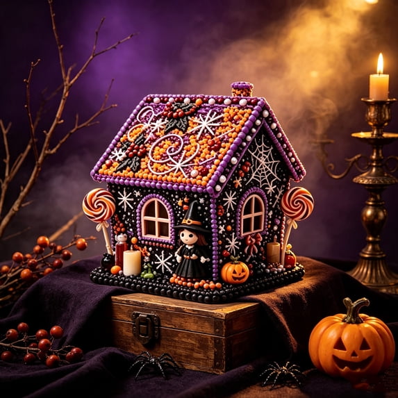 Halloween Spooky Cute Candy House Diamond Art Kit, Sparkling DIY Diamonds 3D House Handmade Craft Ornament for Tree Home Mantel Shelf Fireplace Display Party Holiday Decoration Craft Lovers Gift