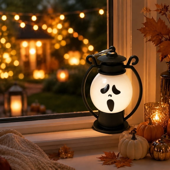 Halloween Spooky Face Mini Hanging Light, 4.33'' Portable Small Hanging Ghost Pattern Lamp, Flameless Soft Ambient, Carrying Side Handle Booster Prop for Themed Party Indoor Outdoor Decor