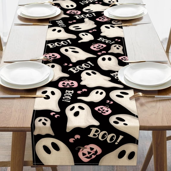 Halloween Spooky Ghost Boo Dining Table Runner, Pink Jack O Lantern