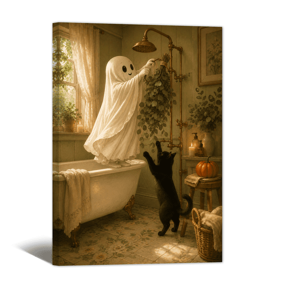 Halloween Spooky Ghost Canvas Wall Art Busy Bathroom Household Tasks Prints, Moody Antique Artwork Paintings for Living Room Bedroom Home Wall Decor.