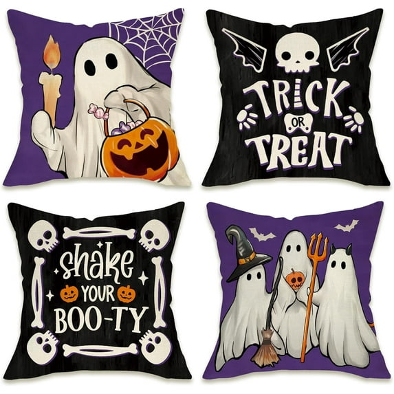 Halloween Spooky Ghost Decorative Throw Pillow Covers 18 x 18 Set of 4, Trick or Treat Skull Skeleton Purple Black Outdoor Pillowcase, Jack O Lantern Pumpkin Funny Cushion Case Home Decor