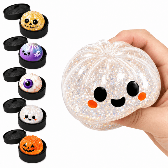 Halloween Spooky Ghost Dumpling Squishy 3.34 Inch, Plastic Pumpkin Fidget Toys with Black Steamer Box, Halloween Party Favors