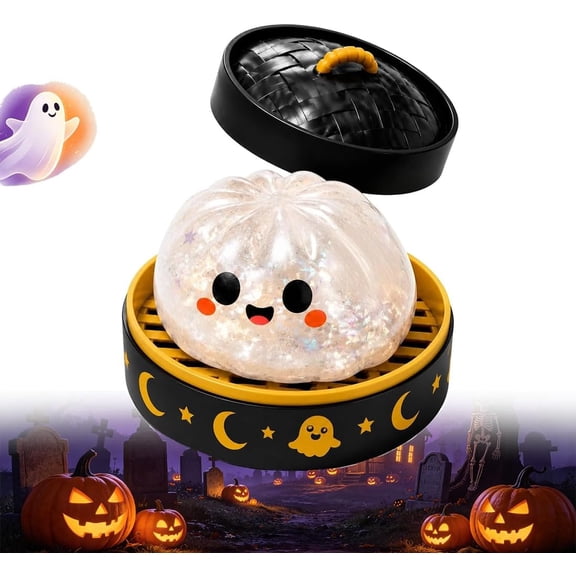 Halloween Spooky Ghost Dumpling Squishy,Stretchy Stress Ball with Steamer | Soft ghost dumpling squishy with steamer container, stretchy and squeezable for stress relief, Halloween gifting.