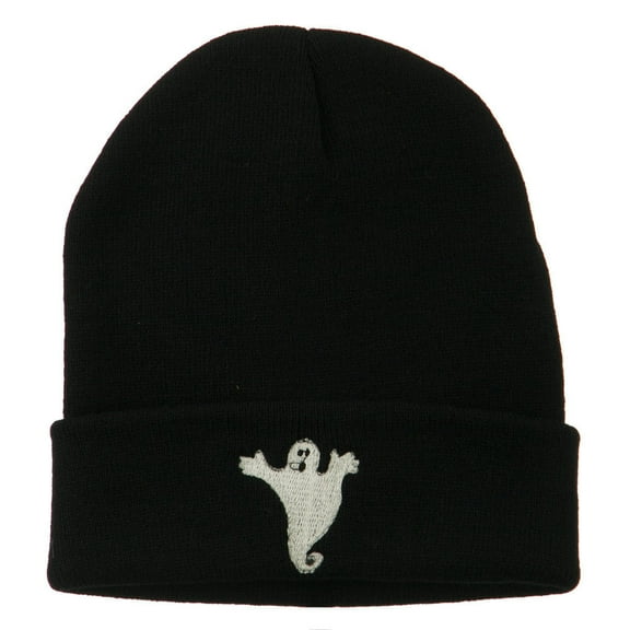 Halloween Spooky Ghost Embroidered Long Beanie - Black OSFM