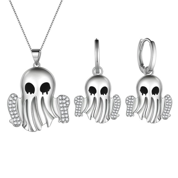 Halloween Spooky Ghost Jewelry Set,Fasjewly Silver Plated Cute Ghost Halloween Huggie Hoop Earrings/Pendant Necklace Cosplay Party Jewerlry Gifts for Women Men