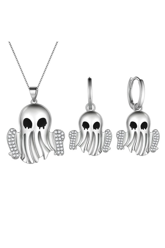 Halloween Spooky Ghost Jewelry Set,Fasjewly Silver Plated Cute Ghost Halloween Huggie Hoop Earrings/Pendant Necklace Cosplay Party Jewerlry Gifts for Women Men