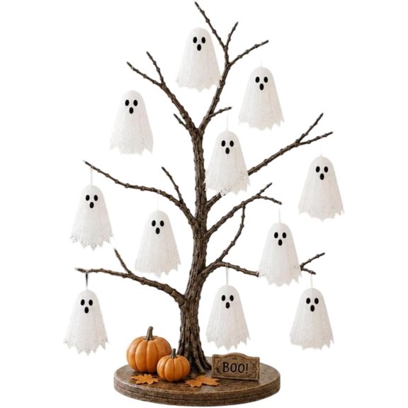 Halloween Spooky Ghost Lighted Tree Decoration with Pumpkin Boo Sign