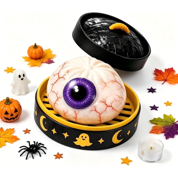Halloween Spooky Glitter Dumpling Squishy Toys, Eyesball Dumplings Stress Balls for Adults Fidget Toys with Steamer, Cute Halloween Decor Ghost Bao Bun Squishes for Anxiety Relief, Orange