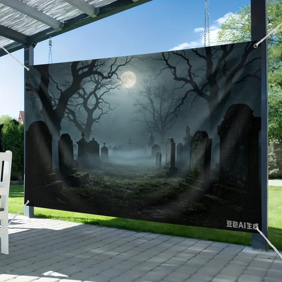 Halloween Spooky Graveyard Backdrop, Creepy Tombstone Foggy Cemetery Photo Background, Horror Portrait Banner for Halloween Party Decor