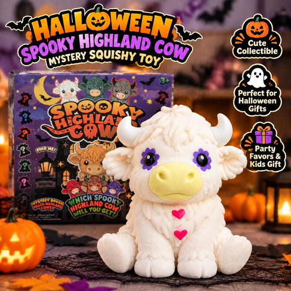 Halloween Spooky Highland Cow Mystery Squishy Toy Blind Box Dough Filled Highland Cow for Halloween Gift Cute Collectible for Party Favors and Kids Gift