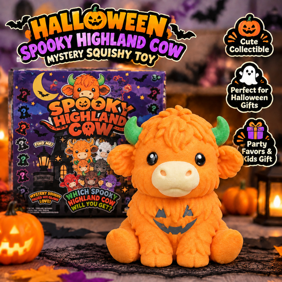 Halloween Spooky Highland Cow Mystery Squishy Toy Blind Box Dough Filled Highland Cow with Rare Gold Ghostie Cow to Find, Soft Squeeze Fidget Toy for Halloween Present
