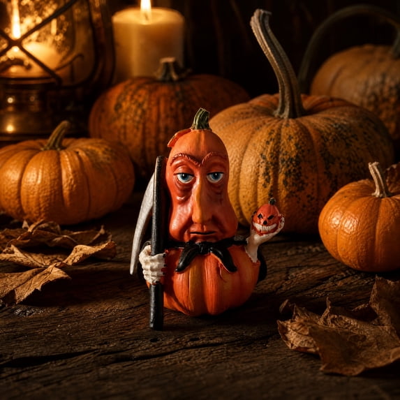 Halloween Spooky Human Face Pumpkin Resin Ornaments 5 Pack Set, Creepy Pumpkin Statue Figurine Display Accent for Mantel Shelf Party Tabletop Room Decor