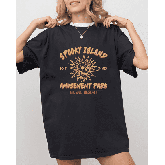 Skull Print Tees,"Spooky Island Amusement Park"Text Graphic Casual T Shirt,Short Sleeve Round Neck,Daily Tops,Size(S-5XL)